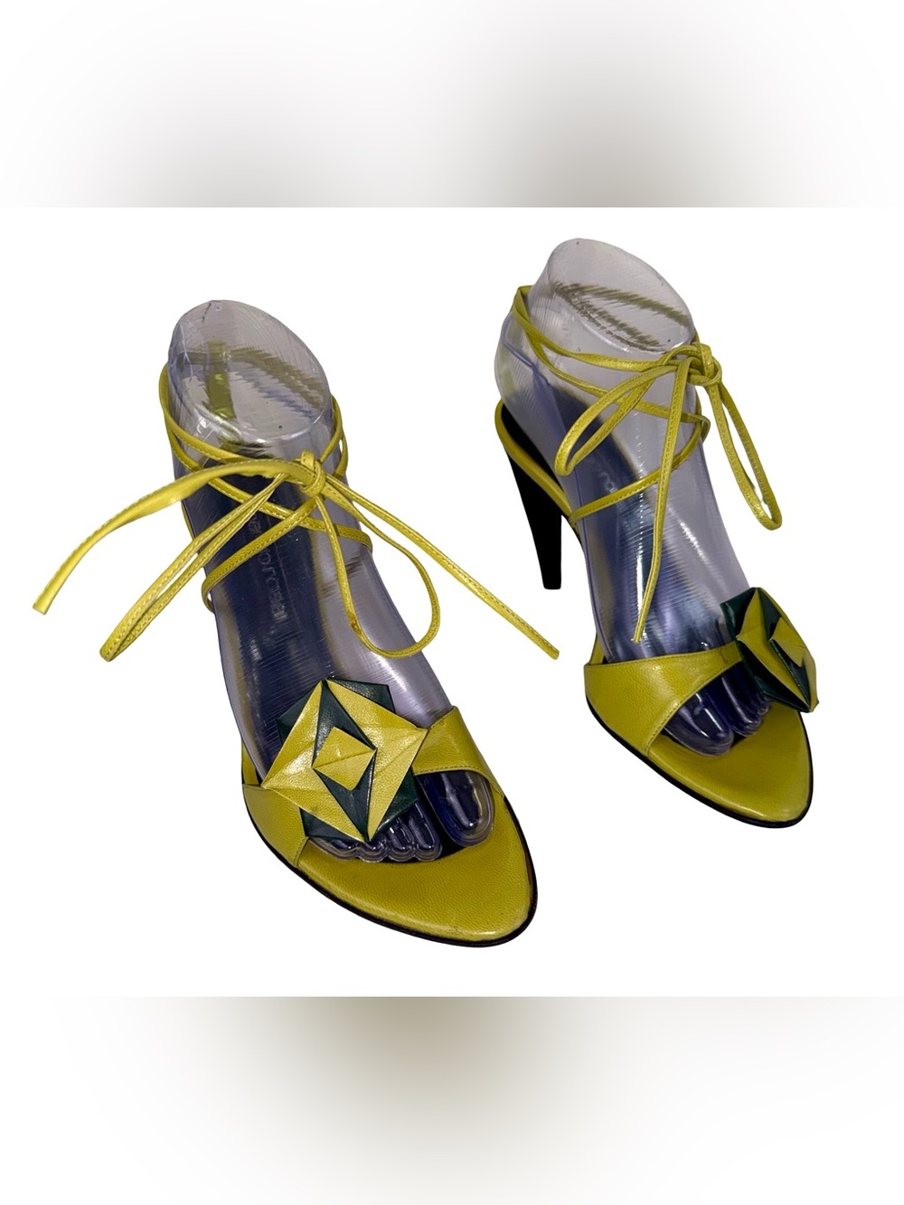 SERGIO ROSSI HIGH HEEL SANDALS IN CHARTREUSE YELLOW/BLACK